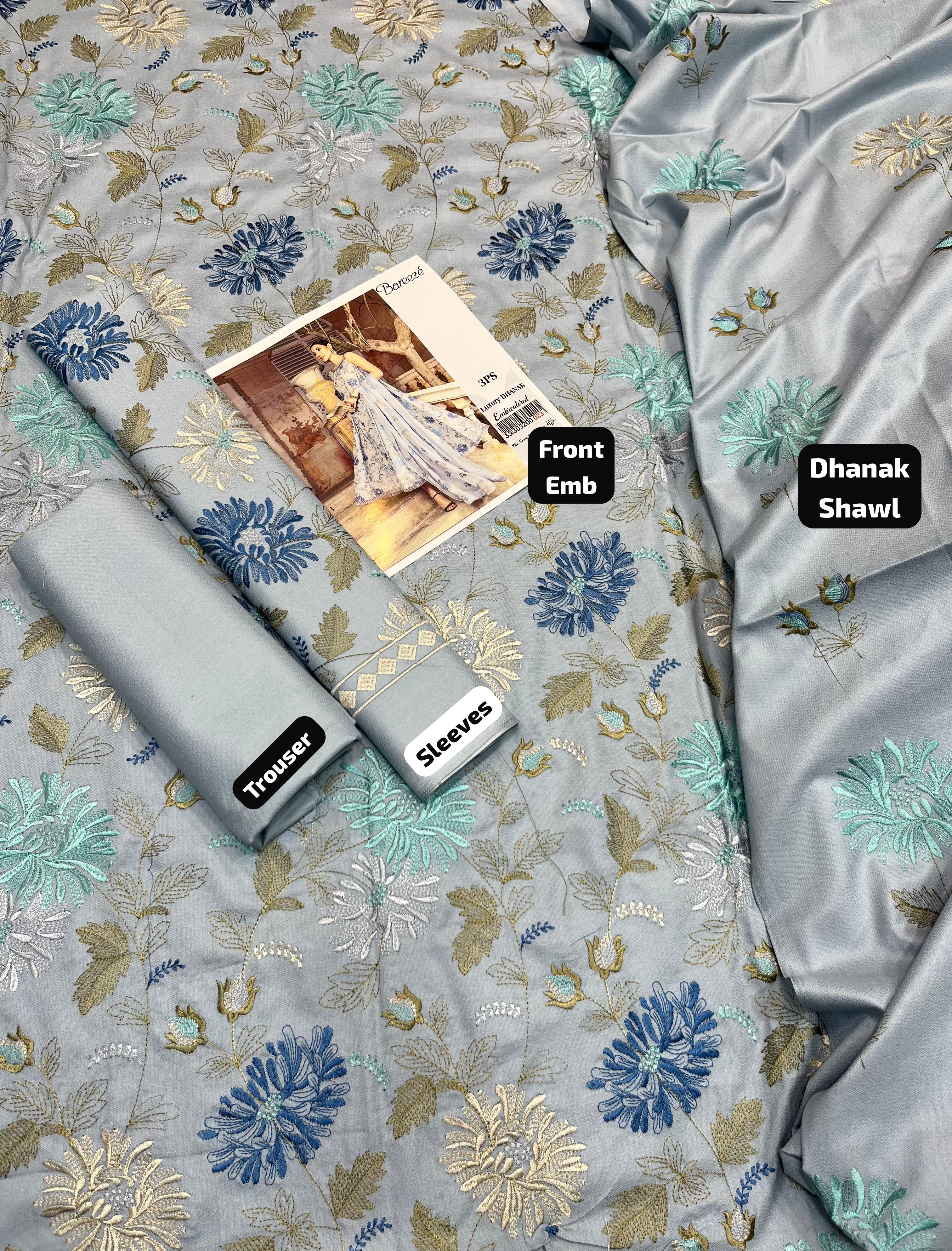 Dhanak embroidered unstitched 3 piece dress