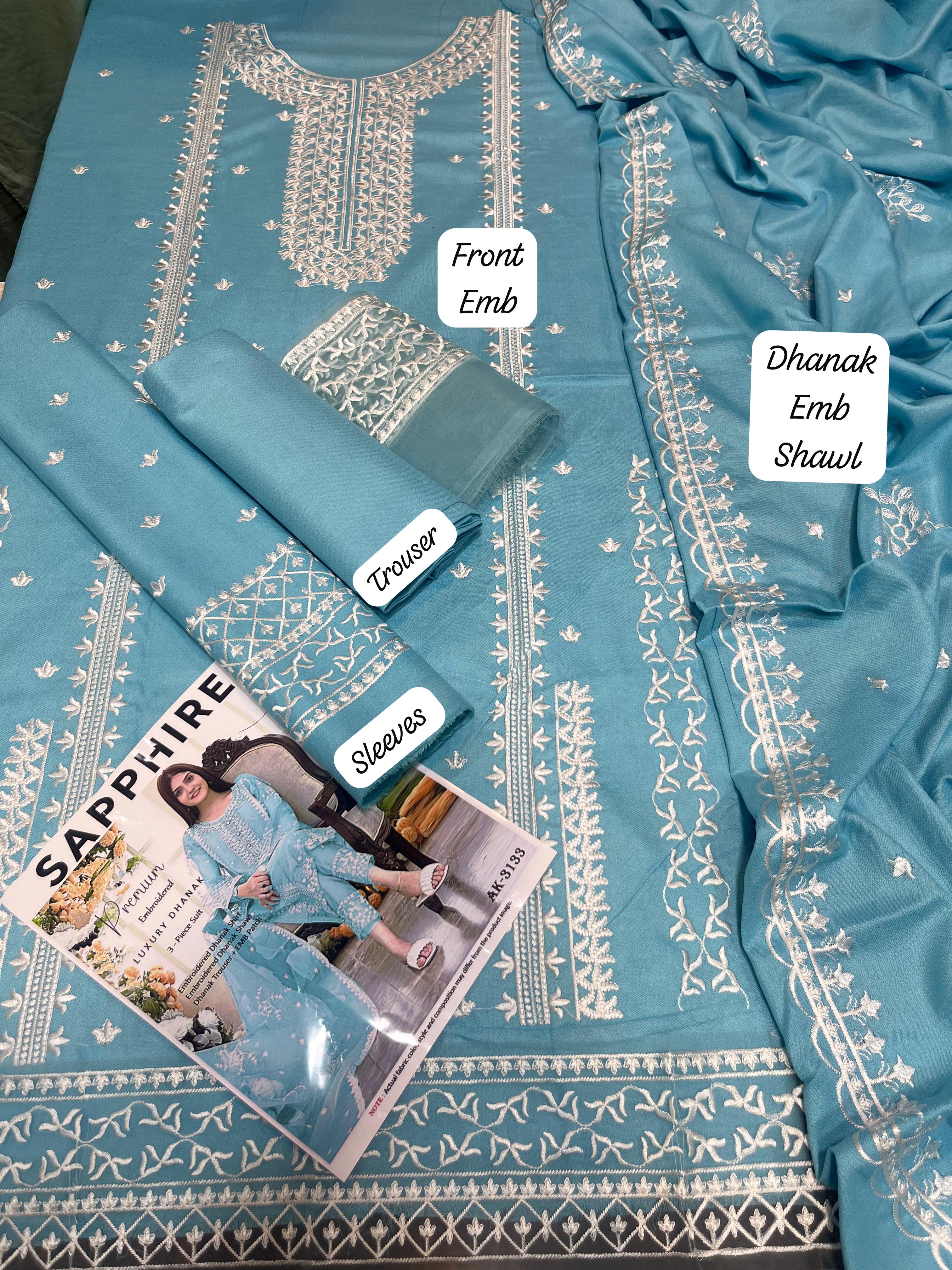 Dhanak embroidered unstitched 3 piece dress