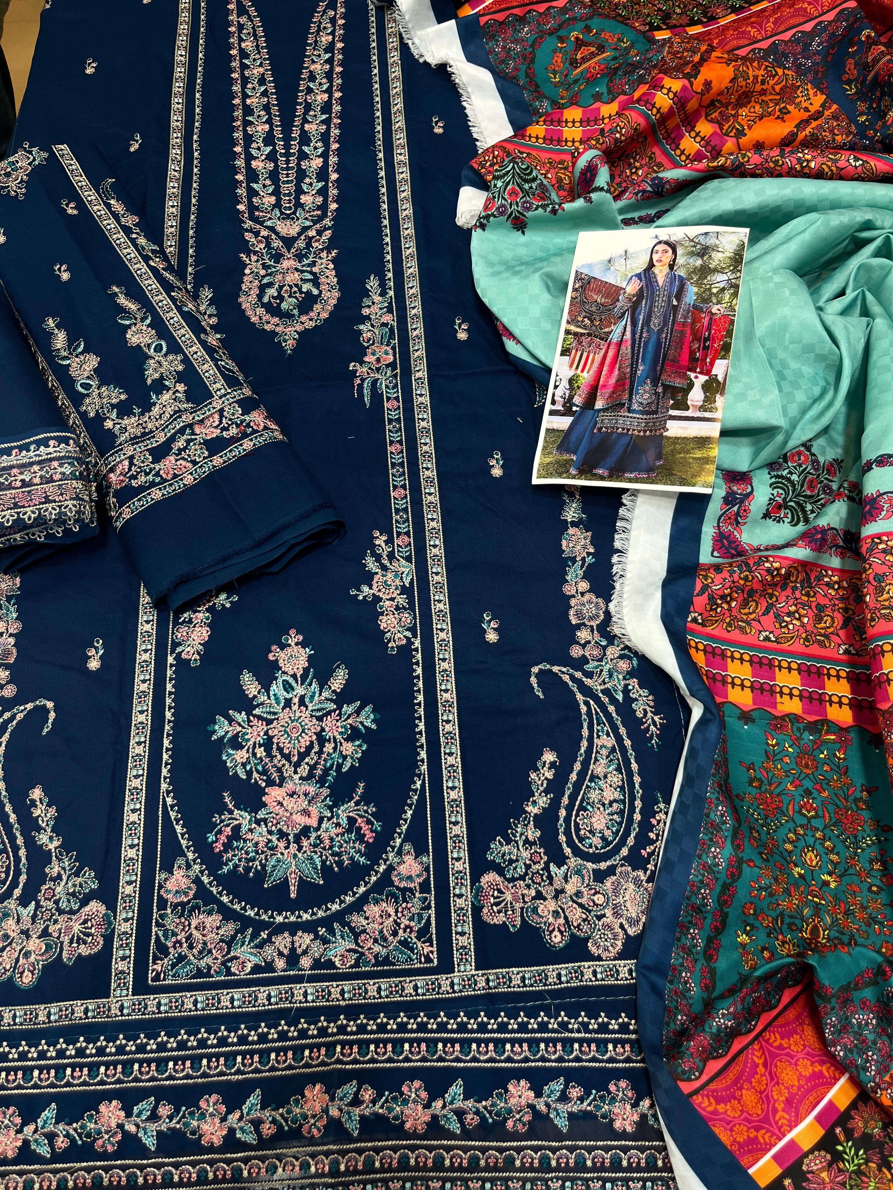 Dhanak embroidered unstitched 3 piece dress