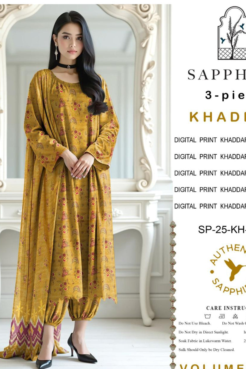 Khaddar digital printed unstitched 3 piece dress