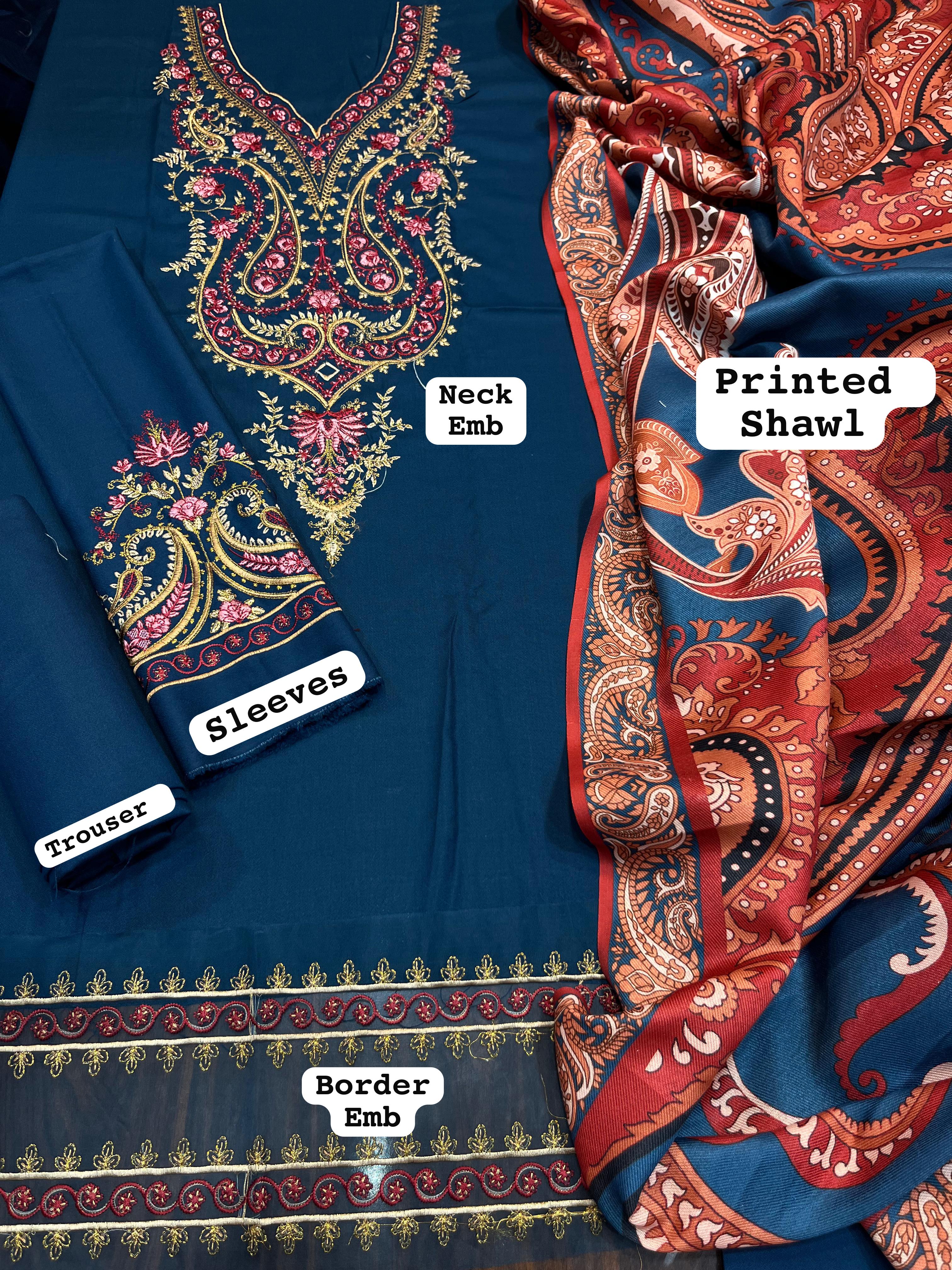 Dhanak embroidered unstitched 3 piece dress