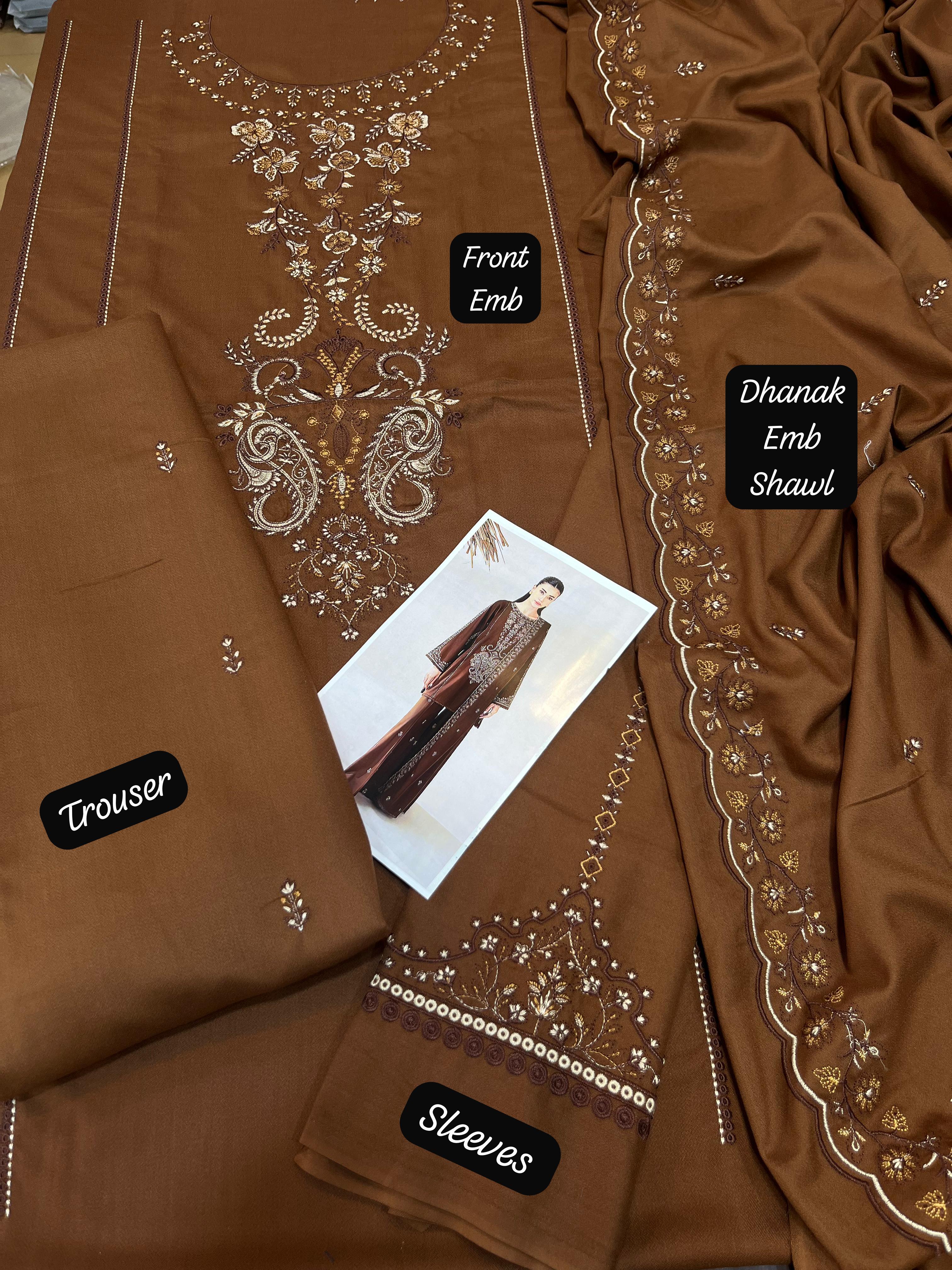 Dhanak embroidered unstitched 3 piece dress