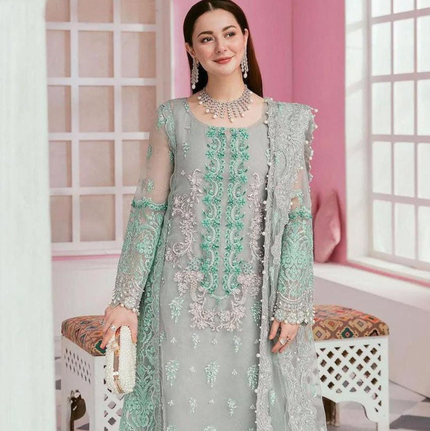 Stain silk embroidered unstitched 3 piece dress