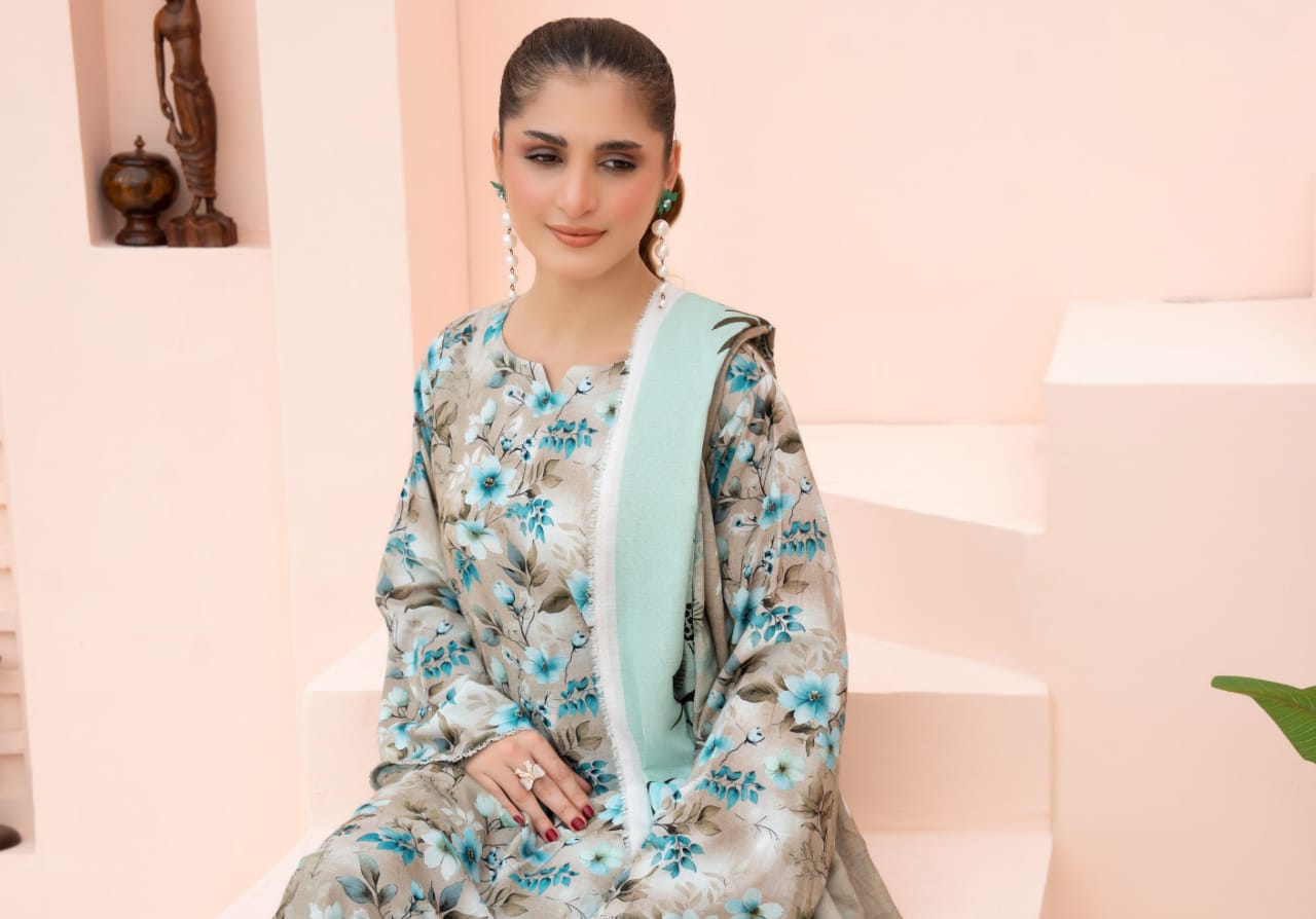 Linen digital printed unstitched 3 piece dress