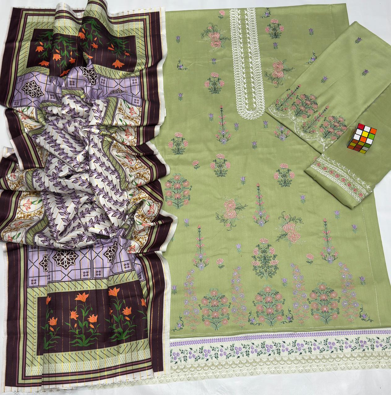 Linen embroidered unstitched 3 piece dress