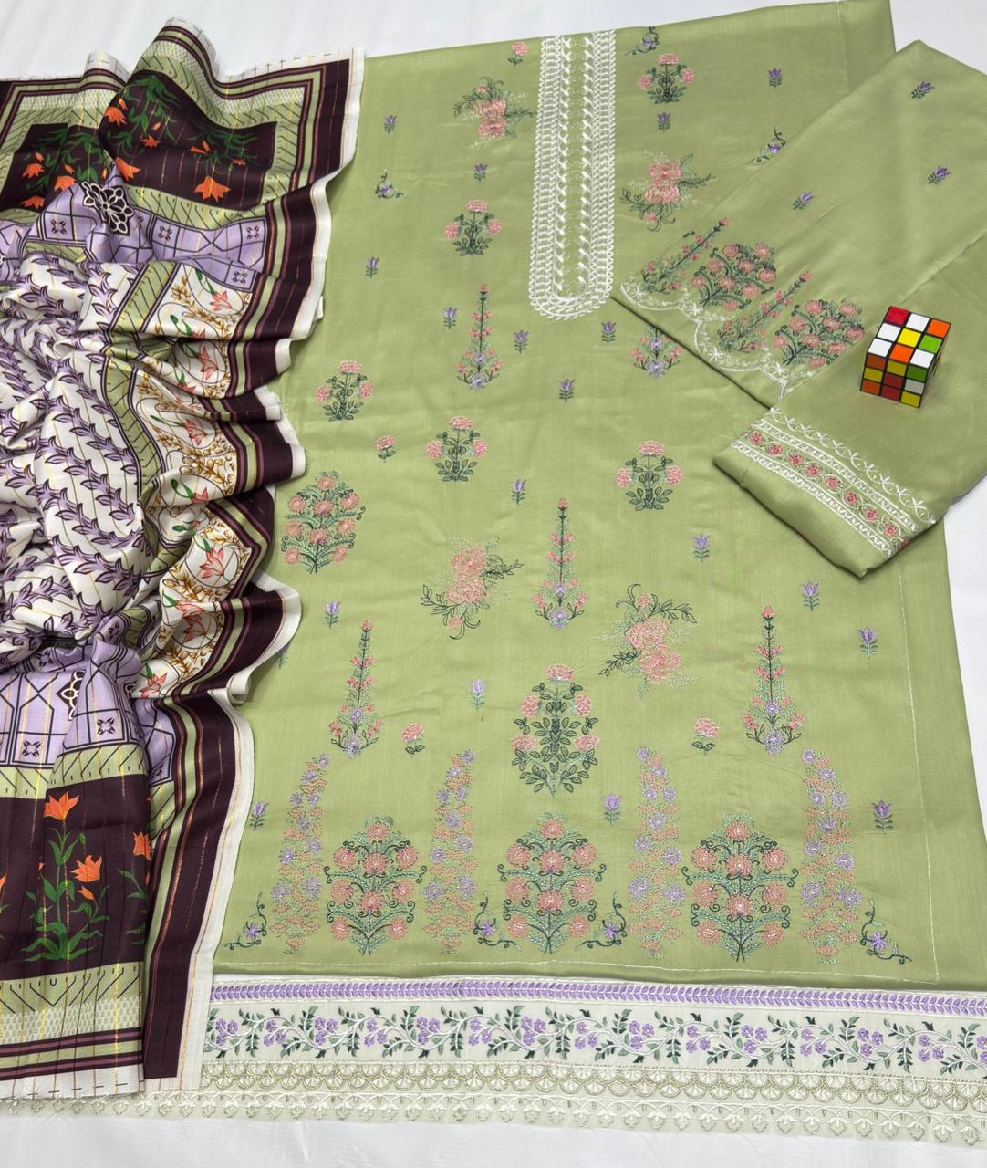 Linen embroidered unstitched 3 piece dress