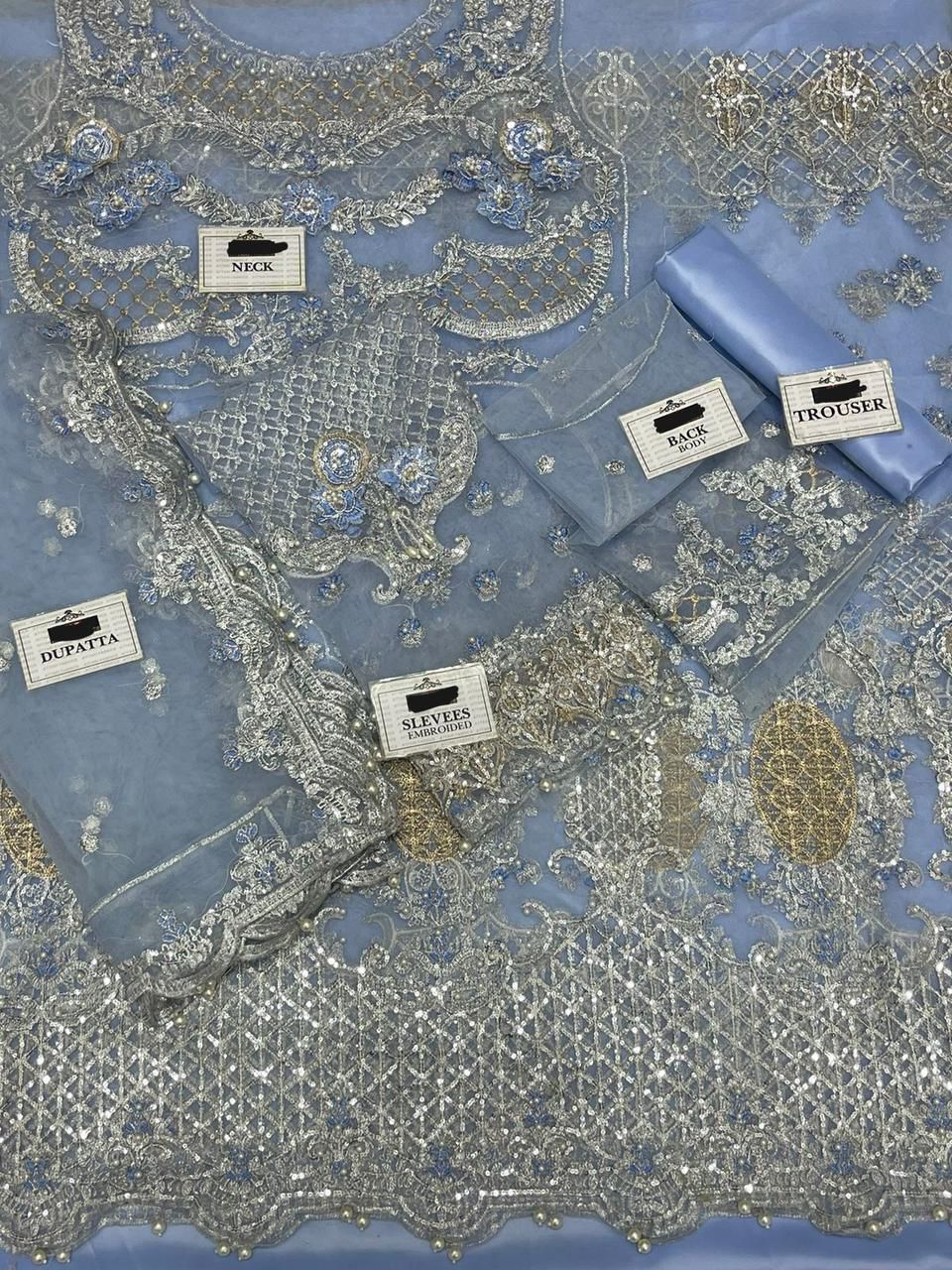 Net embroidered sequence hand embellished luxury unstitched maxi 3 piece dress