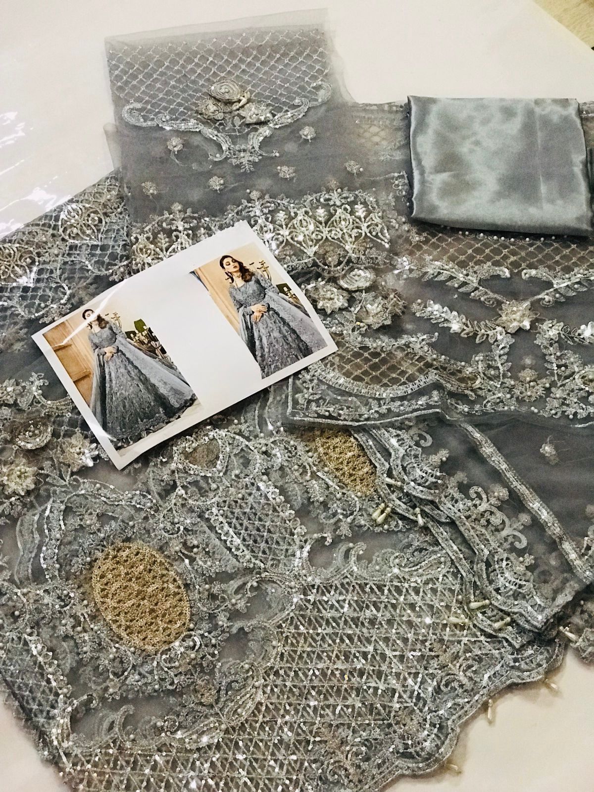 Net embroidered sequence hand embellished luxury unstitched maxi 3 piece dress