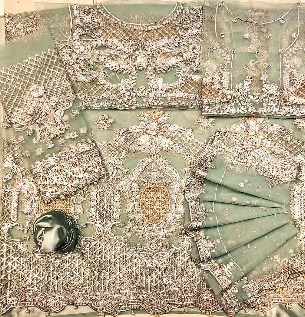 Net embroidered sequence hand embellished luxury unstitched maxi 3 piece dress