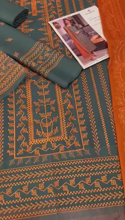 Dhanak embroidered unstitched 3 piece dress