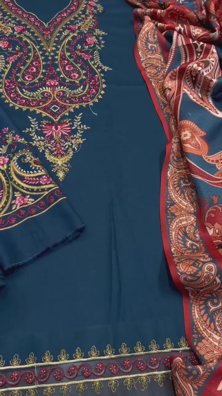 Dhanak embroidered unstitched 3 piece dress