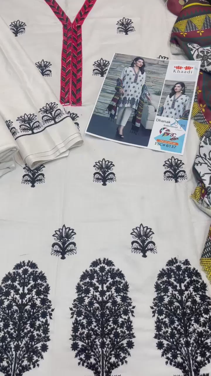 Dhanak embroidered unstitched 3 piece dress