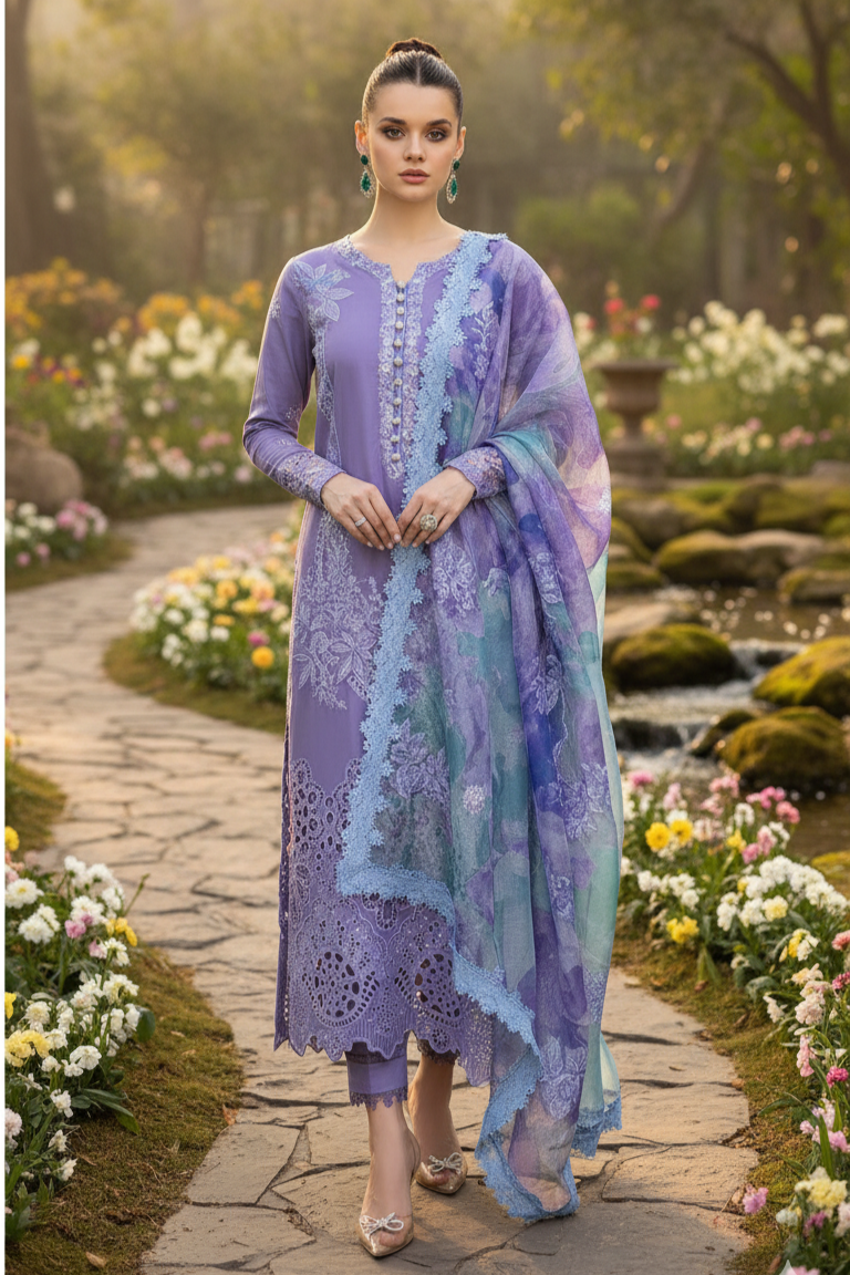 Dhanak embroidered unstitched 3 piece dress